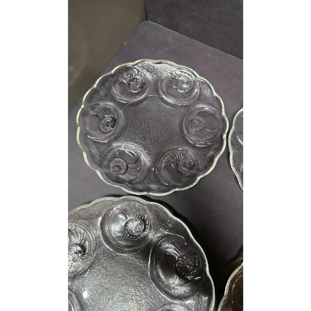 Vintage Clear Pressed Glass Snail Escargot Seafood Plates Set Of 4 Round